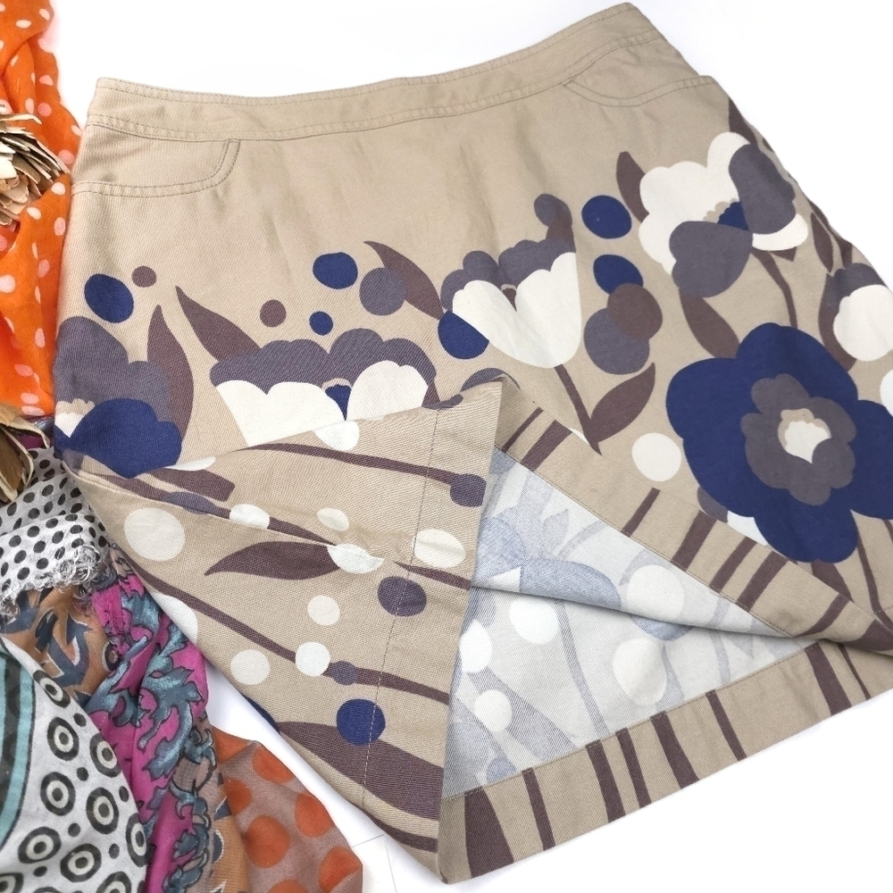 New BODEN  Anthropologie Tan Blue Purple Floral Cotton Skirt Size 10R